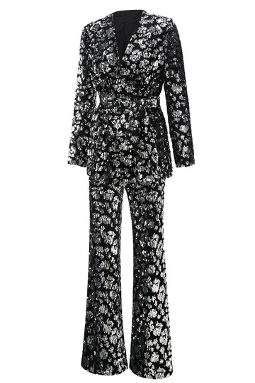 Costume de bal 2 pièces pour femmes noir scintillant avec ceinture